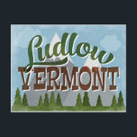 Ludlow Vermont Fun Retro Snowy Mountains Postcard<br><div class="desc">Ludlow Vermont neo vintage travel design in fun retro cartoon style featuring snow capped mountains,  forest and trees below,  blue skies and cool retro script text.</div>