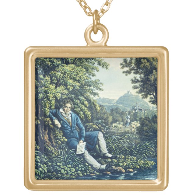 Ludwig van Beethoven by a River (coloured engravin Gold Plated Necklace (Front)