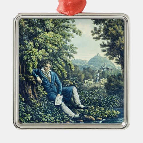 Ludwig van Beethoven by a River coloured engravin Metal Ornament