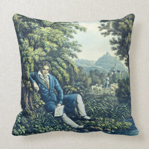 Ludwig van Beethoven by a River (coloured engravin Throw Pillow