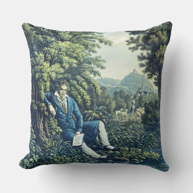 Ludwig van Beethoven by a River (coloured engravin Throw Pillow (Front)