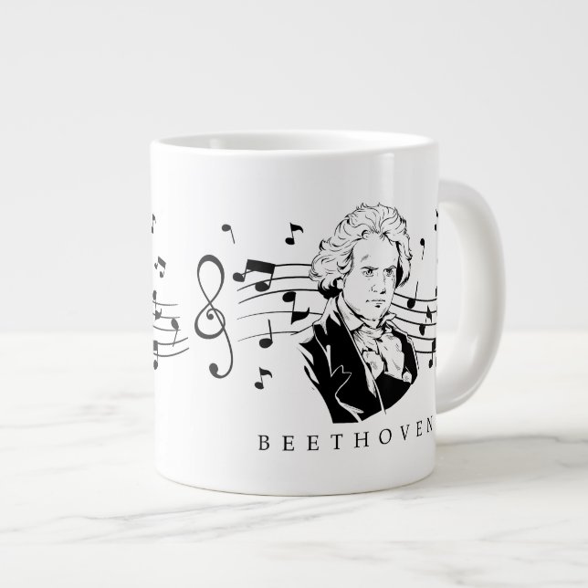 Ludwig van Beethoven Portrait and Bust With Notes Giant Coffee Mug (Front Right)