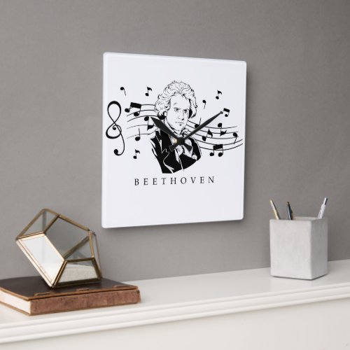 Ludwig van Beethoven Portrait and Bust With Notes Square Wall Clock