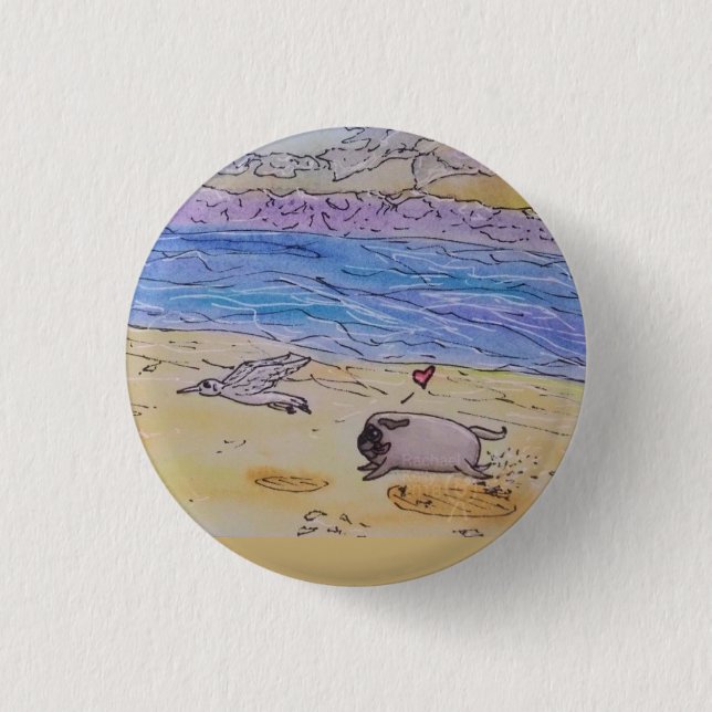 Lug the Pug Badge - Beach Fun Button (Front)