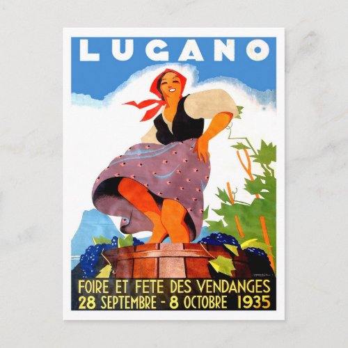 Lugano Italy girl is making wine vintage Postcard