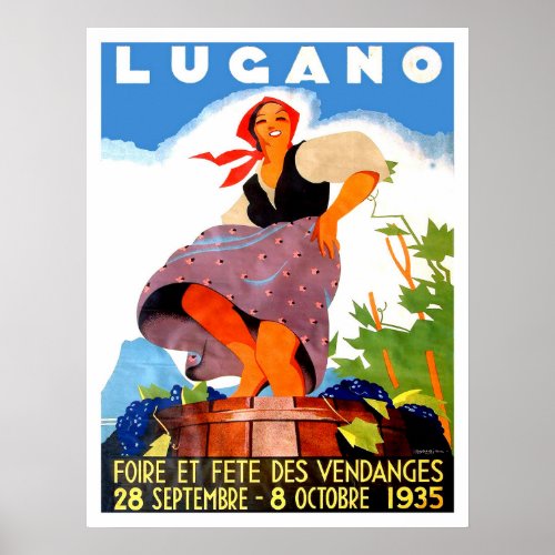 Lugano Italy girl is making wine vintage Poster