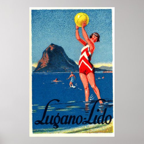 Lugano lake beach girl with beach ball vintage poster