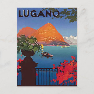 Lugano lake, view from the hotel terrace, vintage postcard