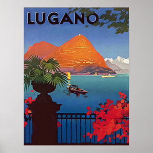 Lugano lake, view from the hotel terrace, vintage poster