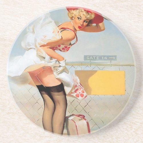 Luggage accident pinup girl sandstone coaster