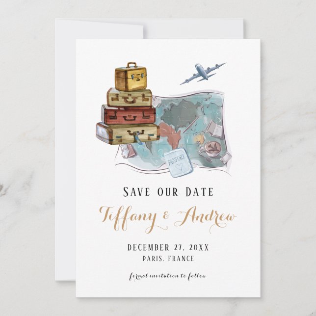 Luggage Map Destination Wedding Save The Date (Front)