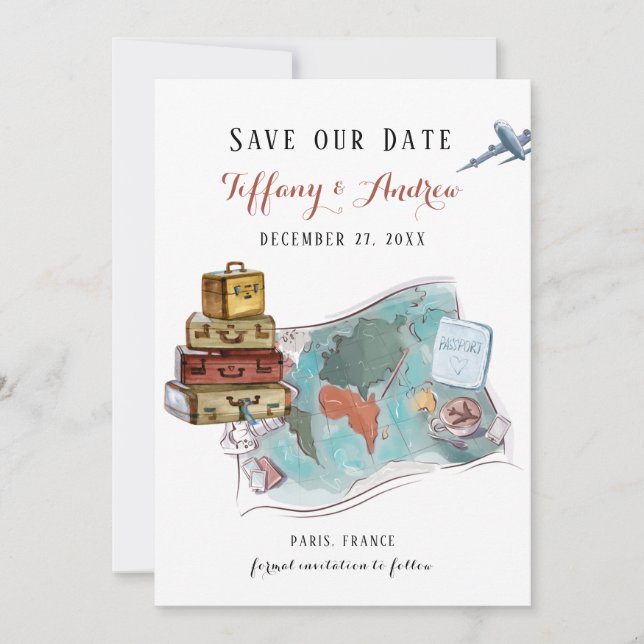 Luggage Map Destination Wedding Save The Date (Front)