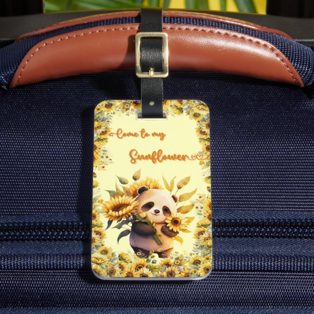Luggage Tag | Cute Panda Holding Sunflowers (Front Insitu 2)