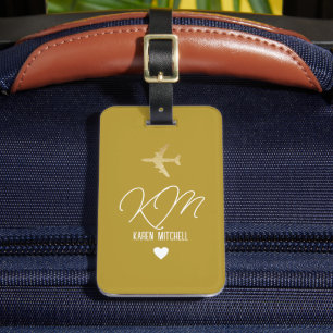 Luggage Tag Monogram Airplane Dusty Mustard