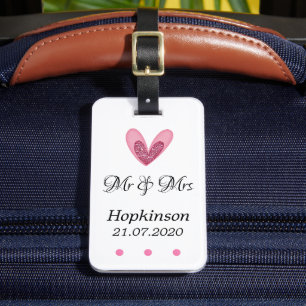Luggage Tag - Pink Glitter Heart Mr & Mrs