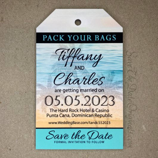 Luggage Tag Shaped Save The Date Magnet + Envelope (Front)