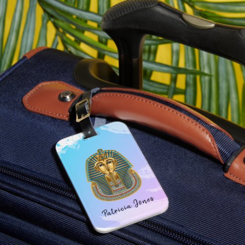 Luggage tag with a Tutankhamun mask illustration