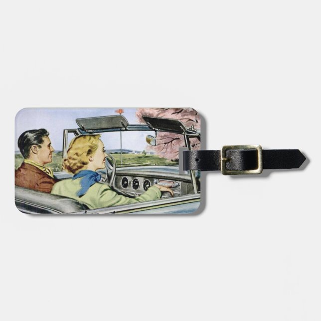 Luggage Tag with Vintage Couple Cruising The Car (Front Horizontal)