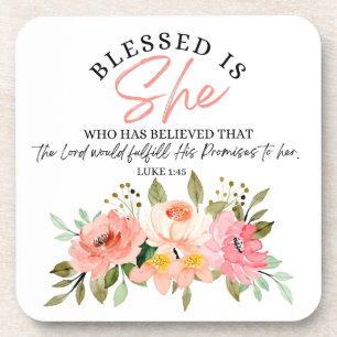 Luke 1:45 Blessed is She Floral Scripture Beverage Coaster