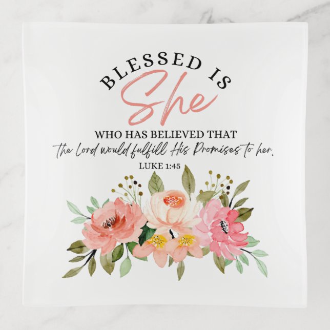 Luke 1:45 Blessed is She Floral Scripture Trinket Tray (Front)