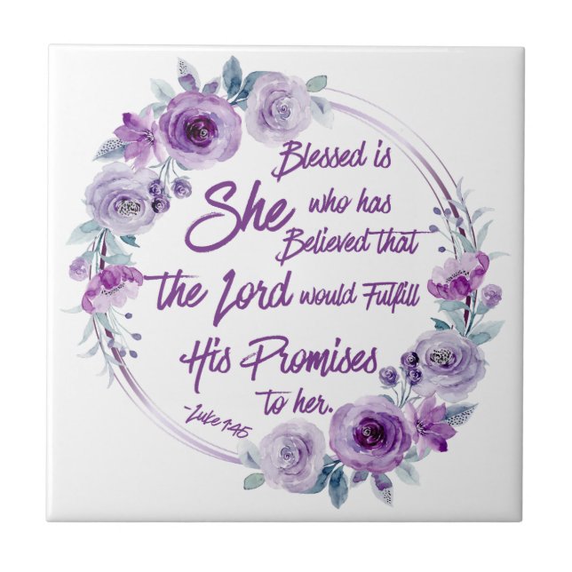 Luke 1:45 Blessed is She Purple Floral Ceramic Tile (Front)