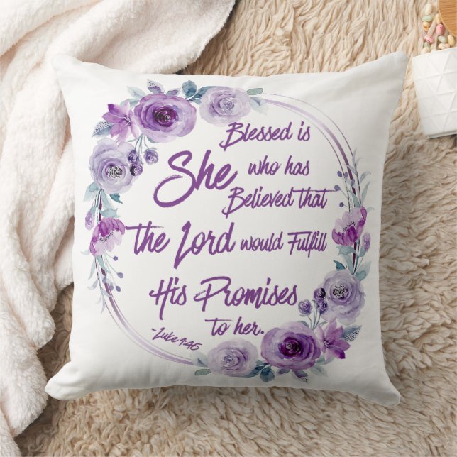Luke 1:45 Blessed is She Purple Floral Throw Pillow (Blanket)