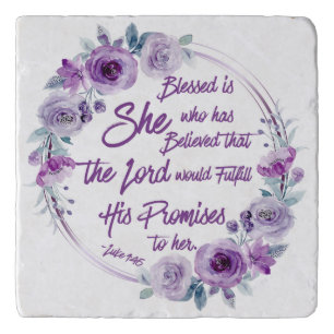 Luke 1:45 Blessed is She Purple Floral Trivet
