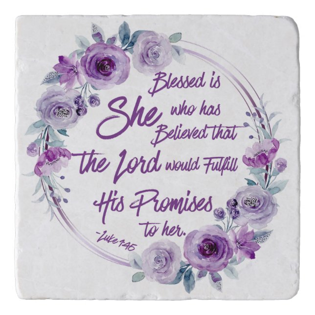 Luke 1:45 Blessed is She Purple Floral Trivet (Front)