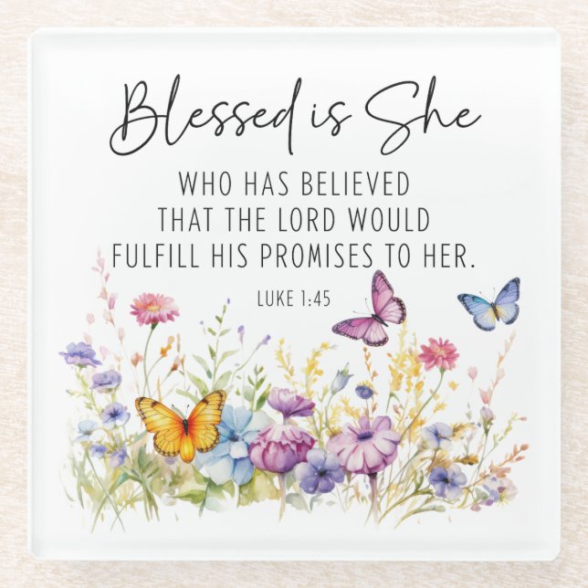 Luke 1:45 Blessed is She Scripture Wildflowers Glass Coaster (Front)