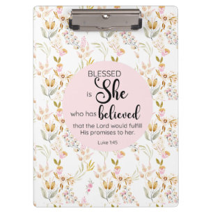 Luke 1:45 Blessed is She Watercolor Pink Floral Clipboard