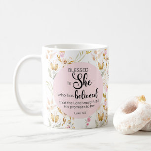 Luke 1:45 Blessed is She Watercolor Pink Floral Coffee Mug