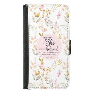 Luke 1:45 Blessed is She Watercolor Pink Floral Samsung Galaxy S5 Wallet Case