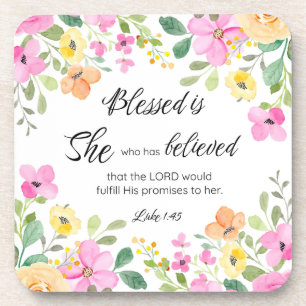 Luke 1:45 Blessed is She, Women's Scripture Floral Beverage Coaster