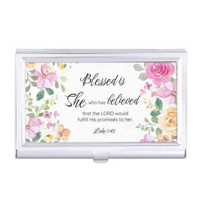 Luke 1:45 Blessed is She, Women's Scripture Floral Business Card Case (Front)