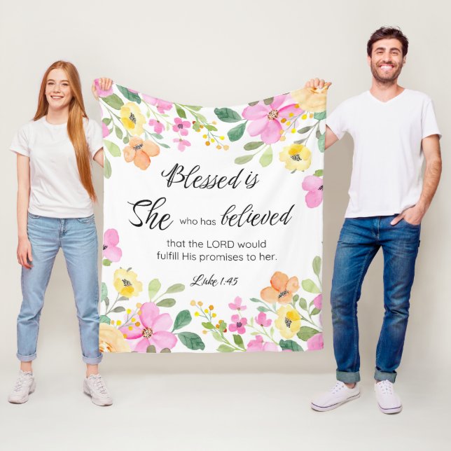 Luke 1:45 Blessed is She, Women's Scripture Floral Fleece Blanket (In Situ)