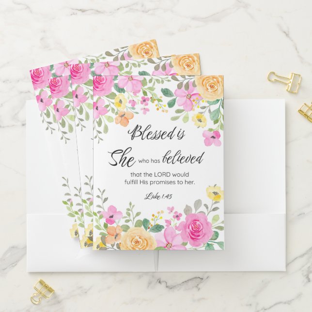 Luke 1:45 Blessed is She, Women's Scripture Floral Pocket Folder (In Situ)