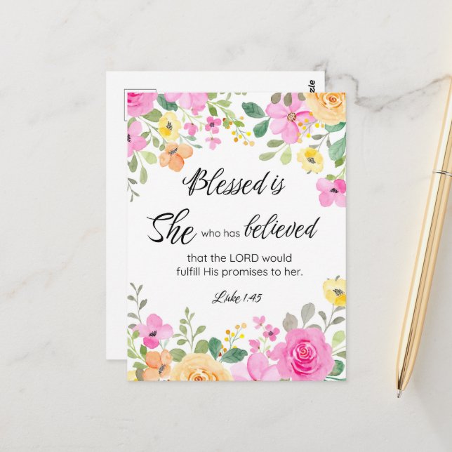 Luke 1:45 Blessed is She, Women's Scripture Floral Postcard (Front/Back In Situ)