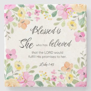 Luke 1:45 Blessed is She, Women's Scripture Floral Stone Coaster