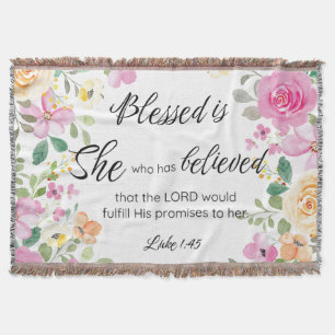 Luke 1:45 Blessed is She, Women's Scripture Floral Throw Blanket