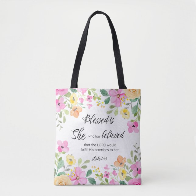 Luke 1:45 Blessed is She, Women's Scripture Floral Tote Bag (Front)