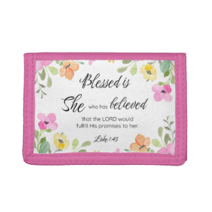 Luke 1:45 Blessed is She, Women's Scripture Floral Tri-fold Wallet