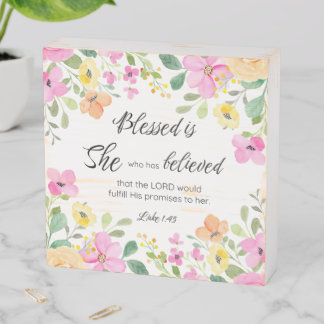 Luke 1:45 Blessed is She, Women's Scripture Floral Wooden Box Sign