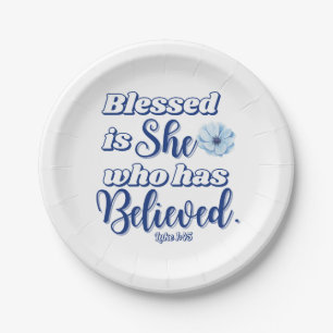 Luke 1:45 Blessed is who has Believed Blue Flower Paper Plates