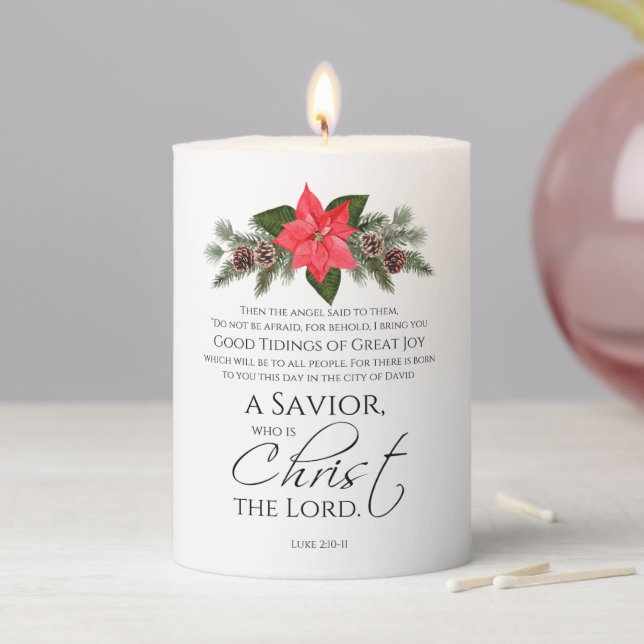 Luke 2:10-11 Good Tidings Poinsettia Christmas Pillar Candle (In Situ)