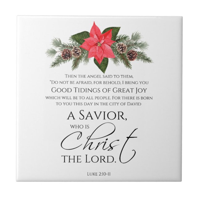Luke 2:10-11 Poinsettia Christmas Scripture Ceramic Tile (Front)
