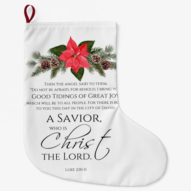 Luke 2:10-11 Poinsettia Christmas Scripture Large Christmas Stocking (Front)