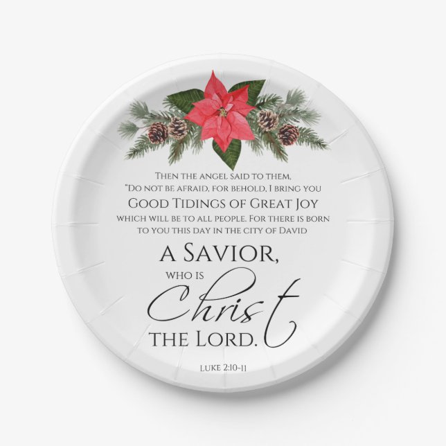 Luke 2:10-11 Poinsettia Christmas Scripture Paper Plates (Front)
