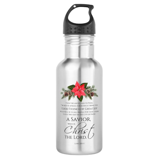 Luke 2:10-11 Poinsettia Christmas Scripture Stainless Steel Water Bottle (Front)