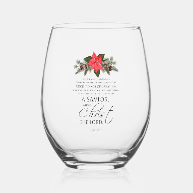 Luke 2:10-11 Poinsettia Christmas Scripture Stemless Wine Glass (Front)