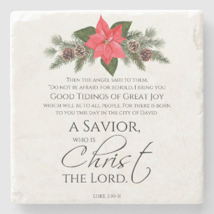 Luke 2:10-11 Poinsettia Christmas Scripture Stone Coaster